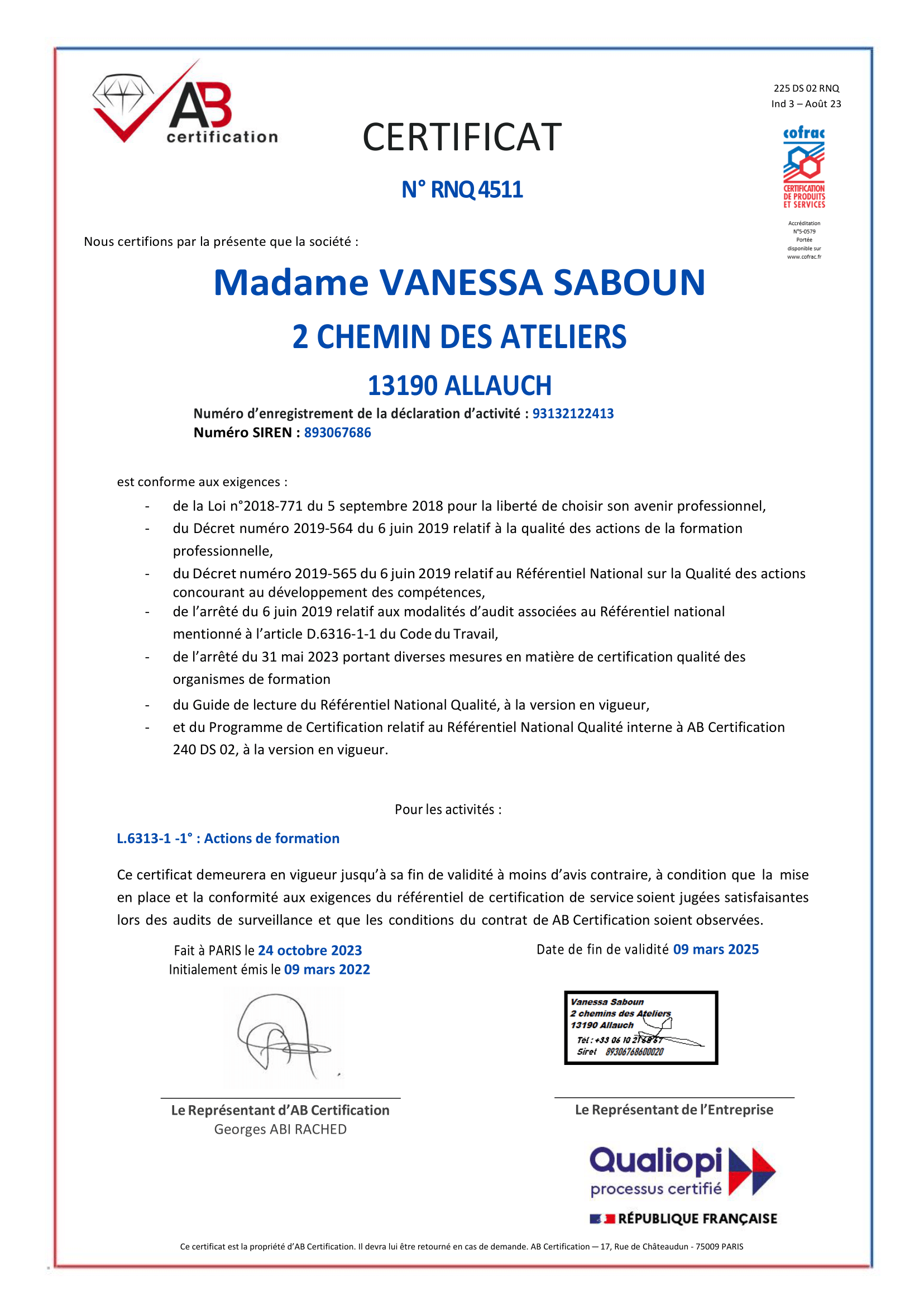 certificat qualiopi officiel de la formatrice Vanessa Saboun